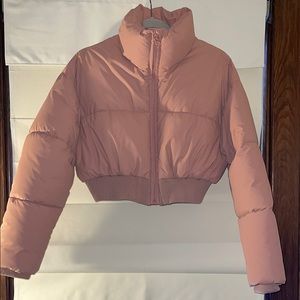 Zara Pink Puffer Jacket with High Collar Cropped
